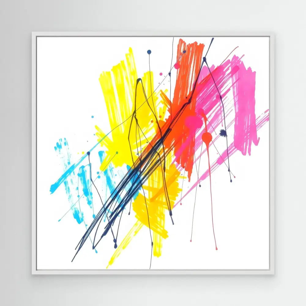 Abstract watercolor artwork featuring dynamic splashes of yellow, orange, pink, and blue with black brushstrokes.