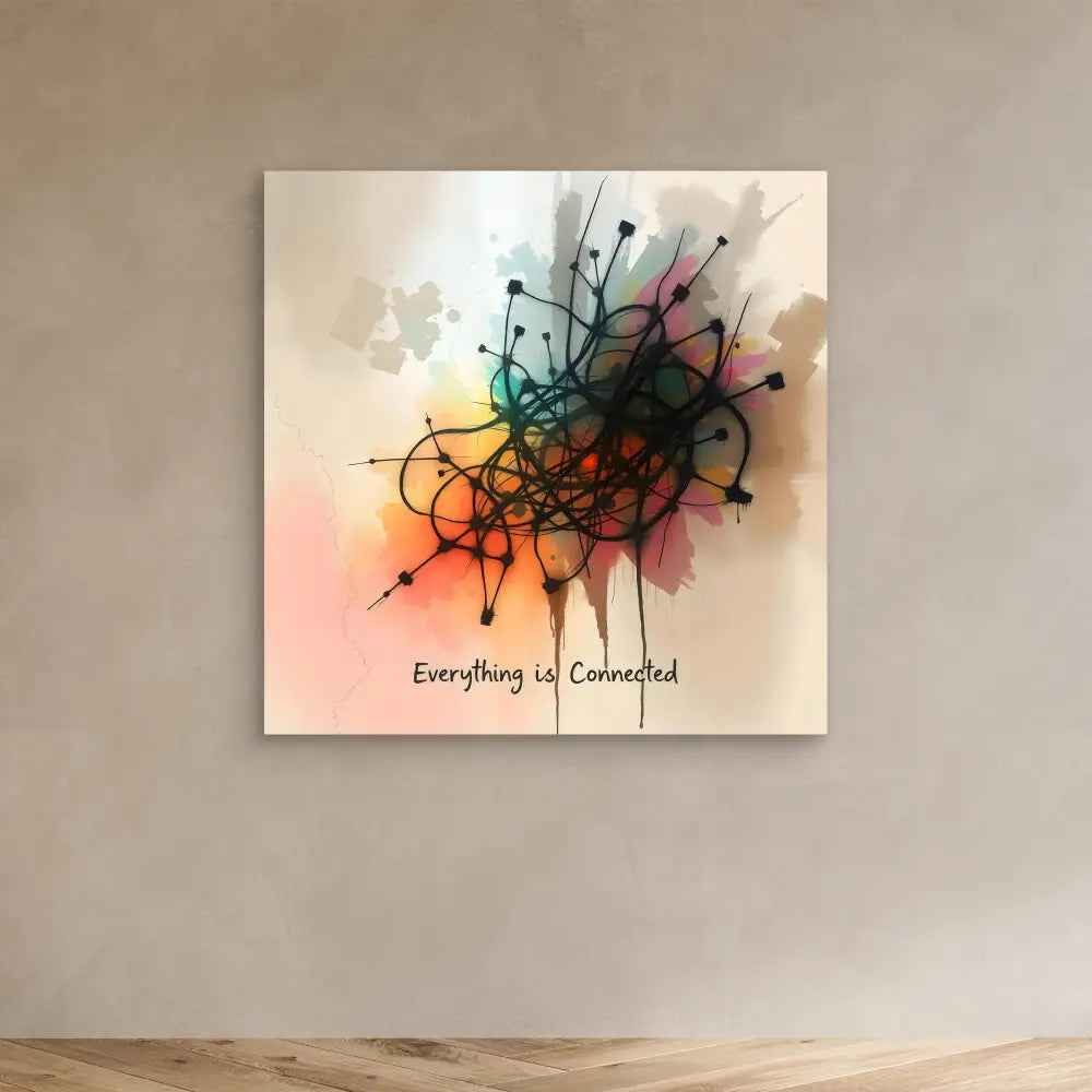 Abstract watercolor artwork featuring an interconnected web of black lines and dots with colorful splashes and the text ’Everything is Connected’