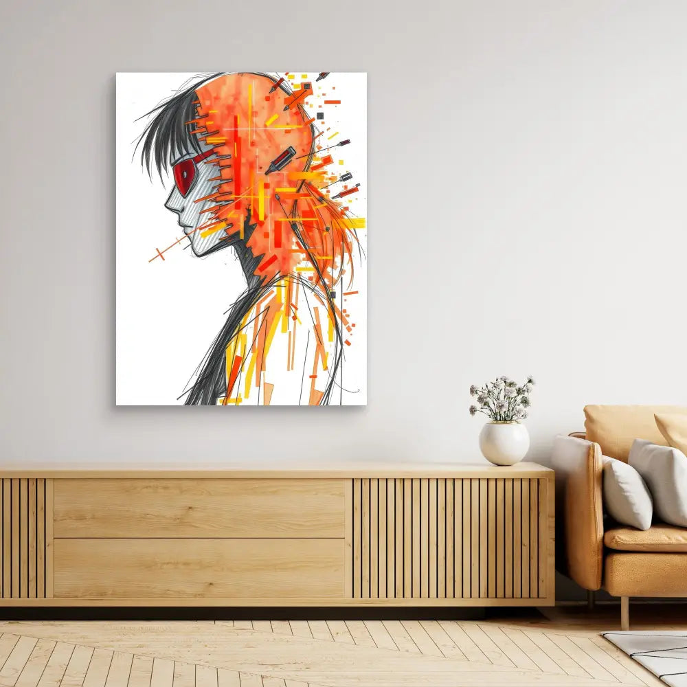 Abstract watercolor artwork featuring a profile silhouette with vibrant orange and yellow paint splashes.