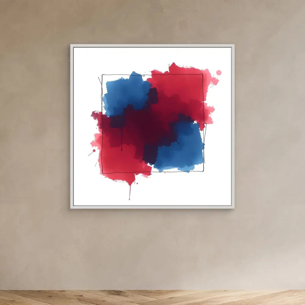 Abstract watercolor artwork featuring overlapping red and blue paint splotches within a square frame.