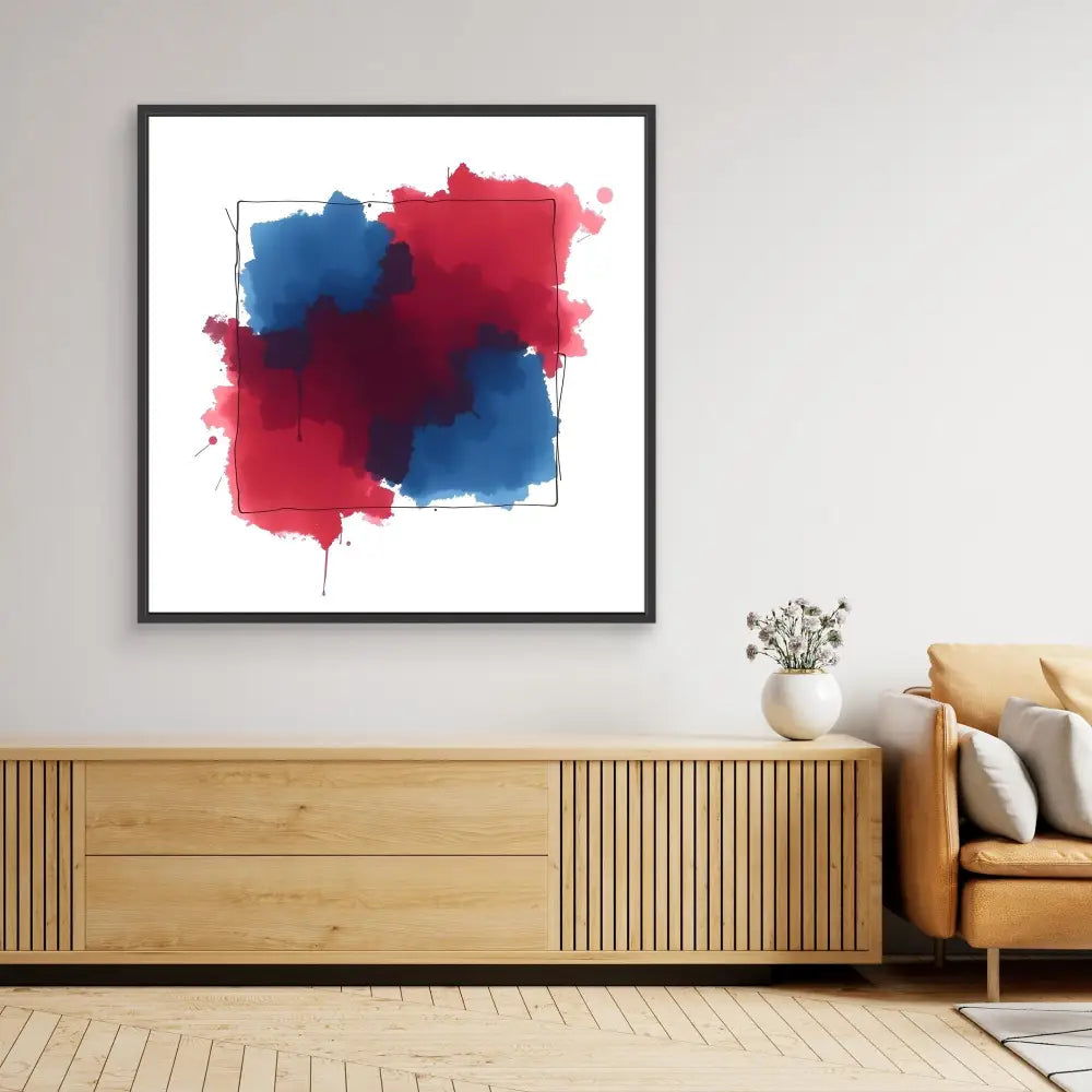 Abstract watercolor artwork featuring overlapping red and blue paint splashes within a black frame.