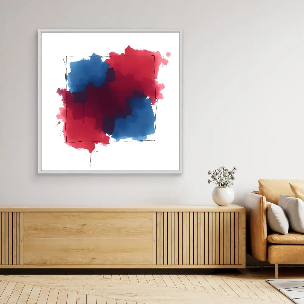 Abstract watercolor artwork featuring overlapping red and blue paint splashes within a white frame.