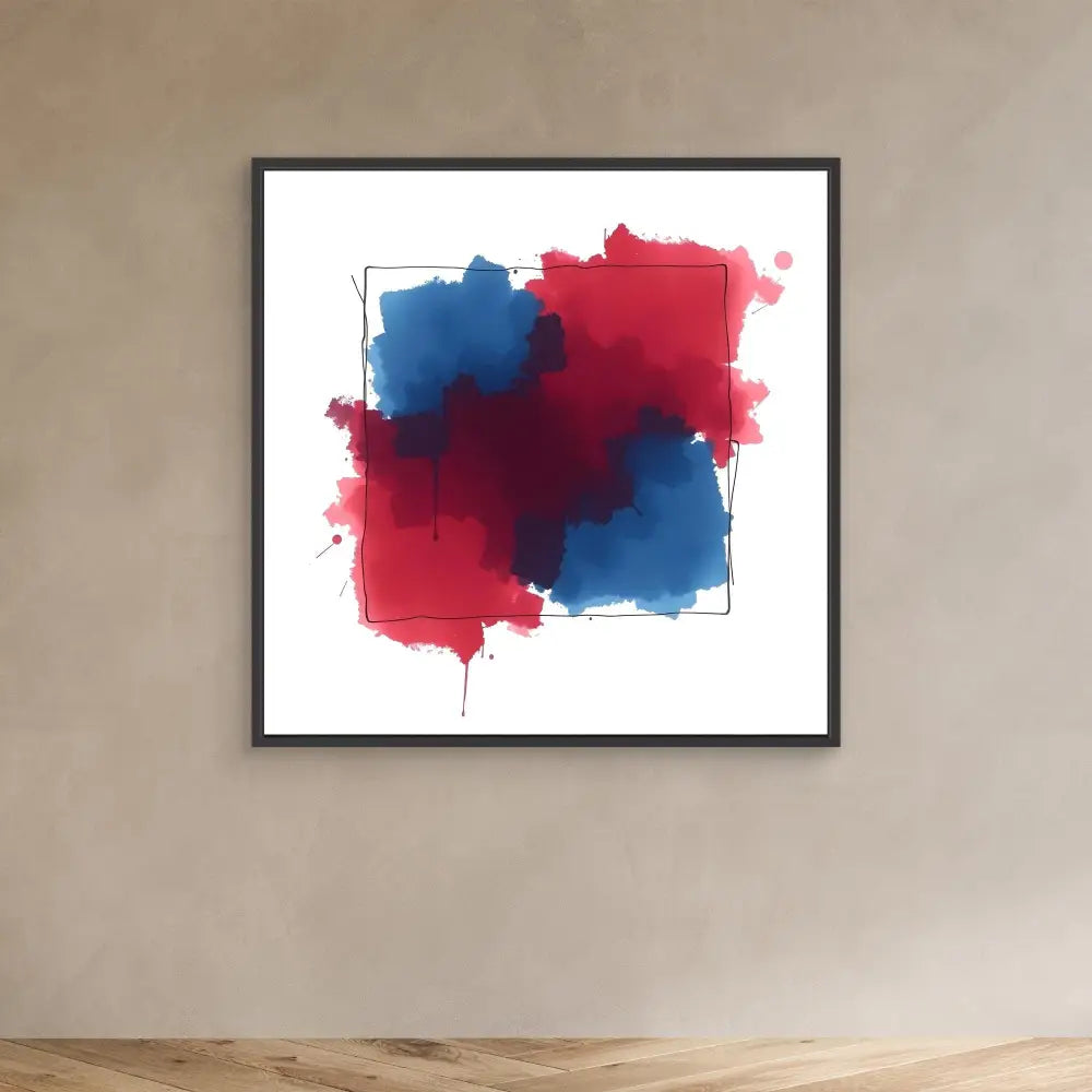 Abstract watercolor artwork featuring overlapping red and blue paint splashes within a square frame.