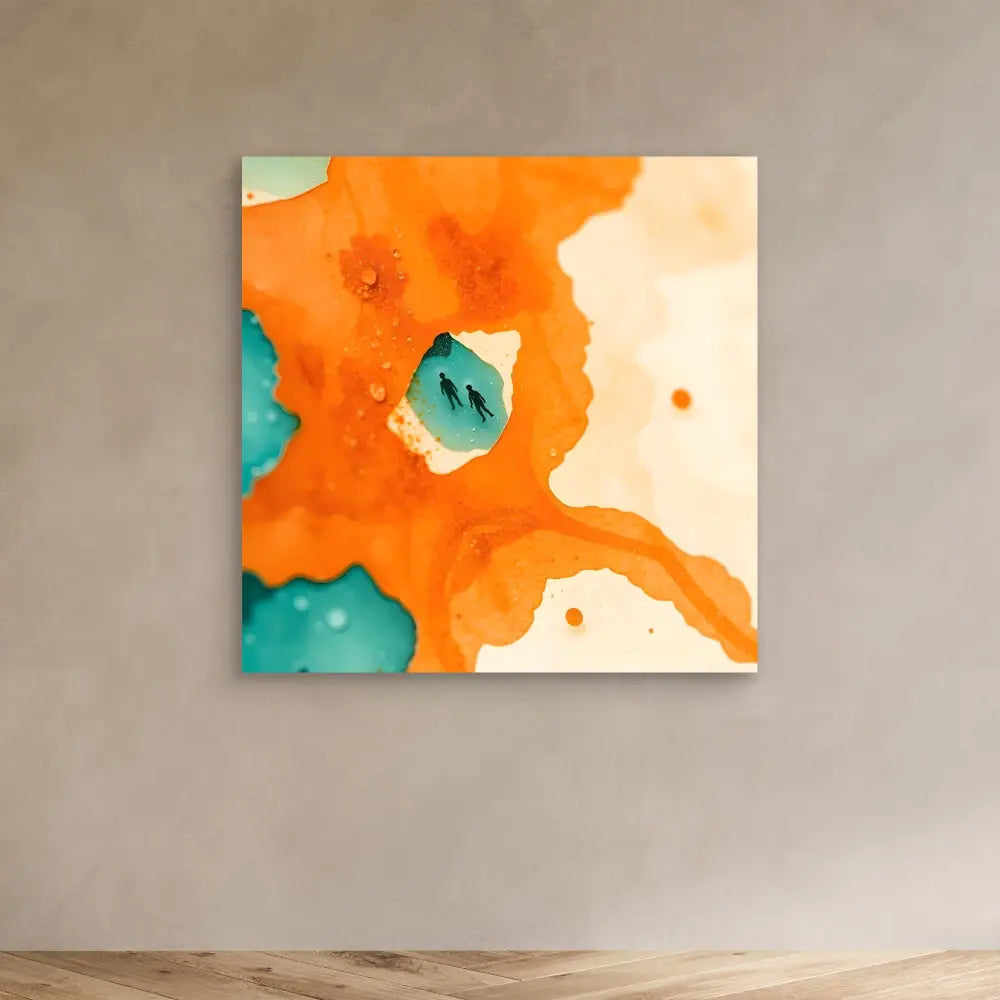 Abstract watercolor painting featuring bold orange and turquoise splashes.