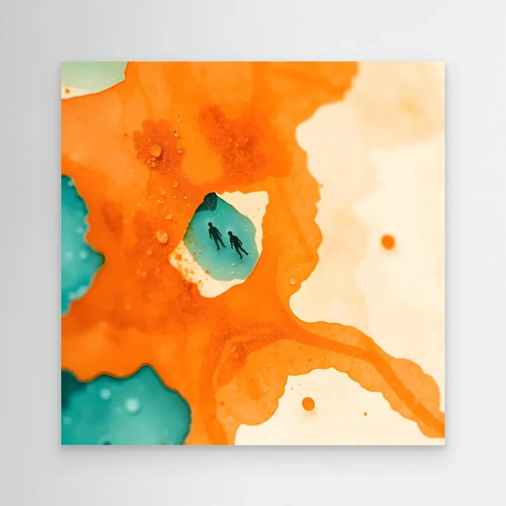 Abstract watercolor painting featuring orange and turquoise fluid patterns.