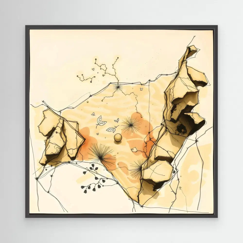 Abstract watercolor painting featuring organic rock-like formations and delicate botanical elements in warm earth tones.