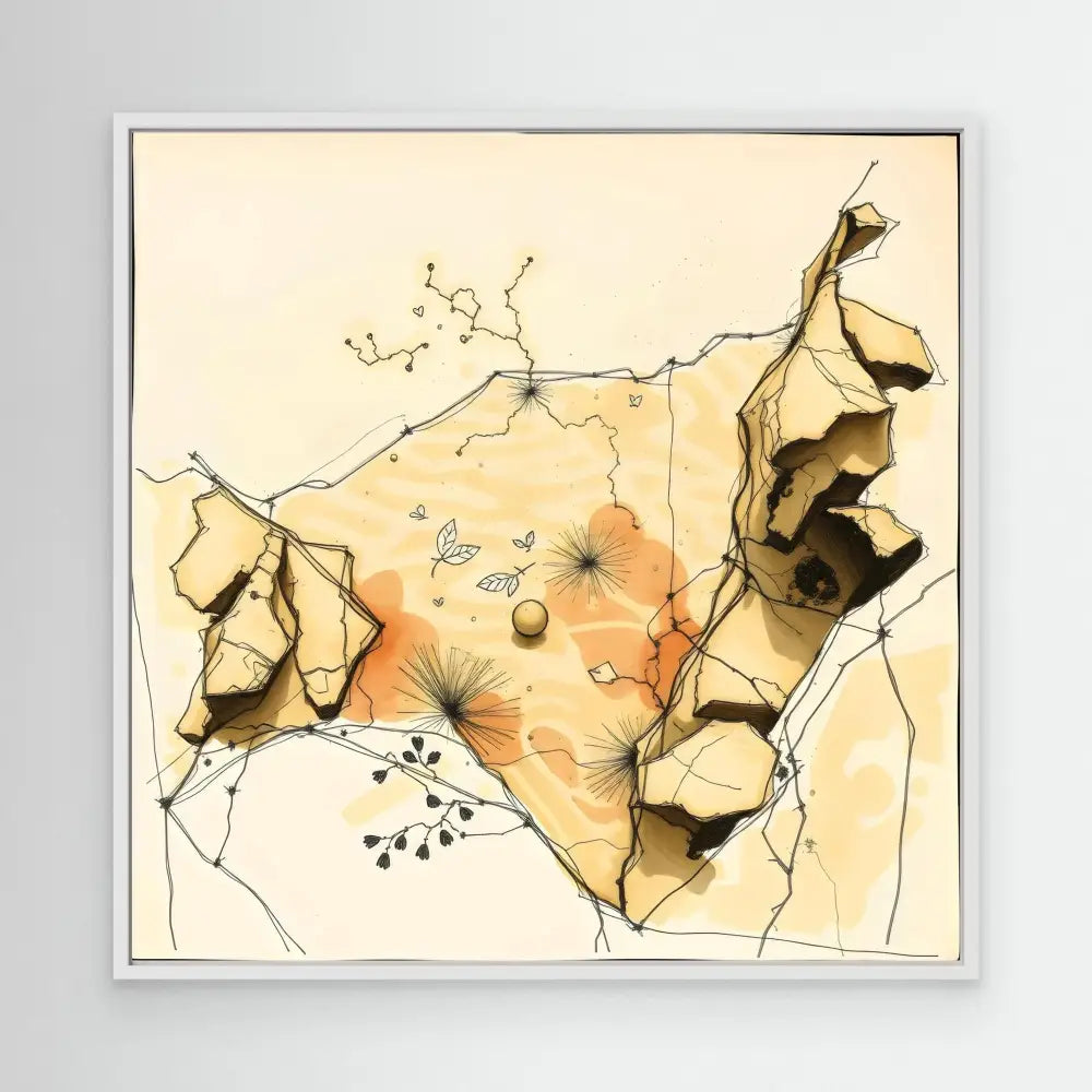 Abstract watercolor painting featuring organic rock-like forms and delicate botanical elements in warm earth tones.