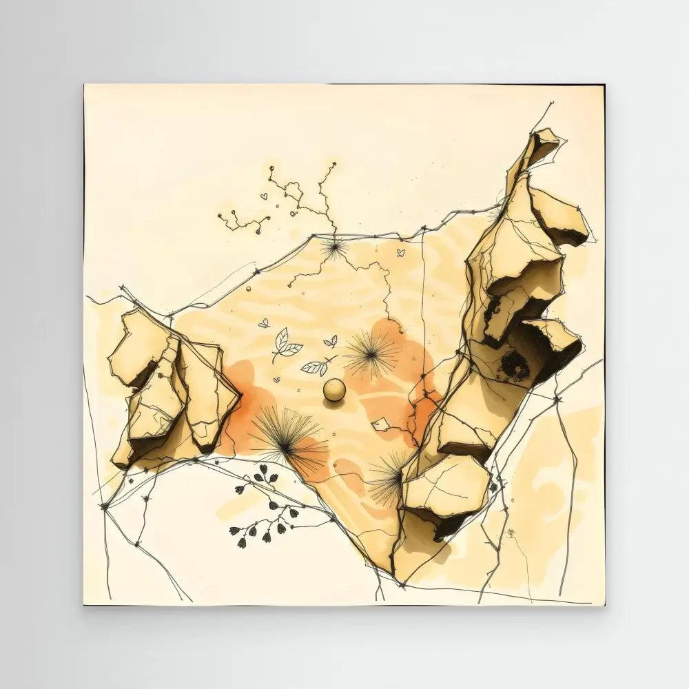 Abstract watercolor painting featuring organic rock-like forms and delicate botanical elements in beige and orange tones.