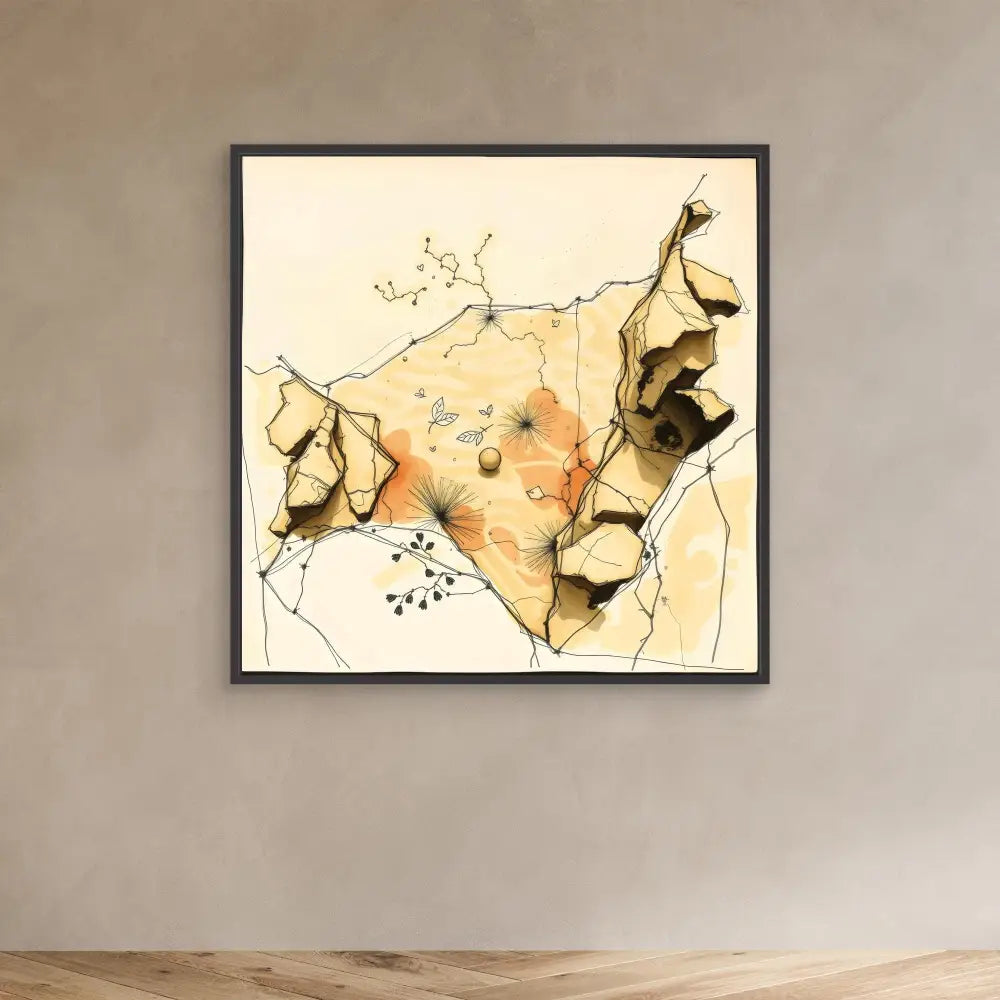 Abstract watercolor painting featuring organic shapes in black, beige and orange tones.