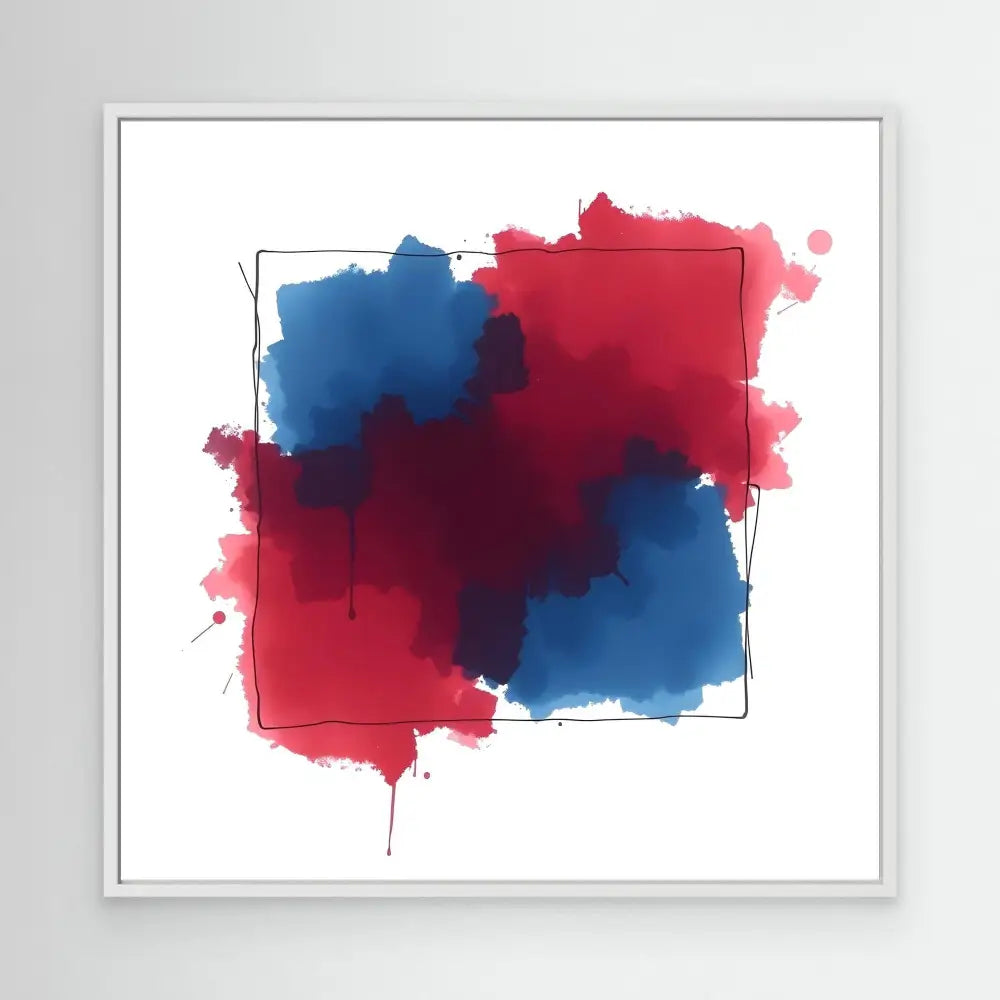 Abstract watercolor painting featuring red and blue blended splotches within a thin black frame.