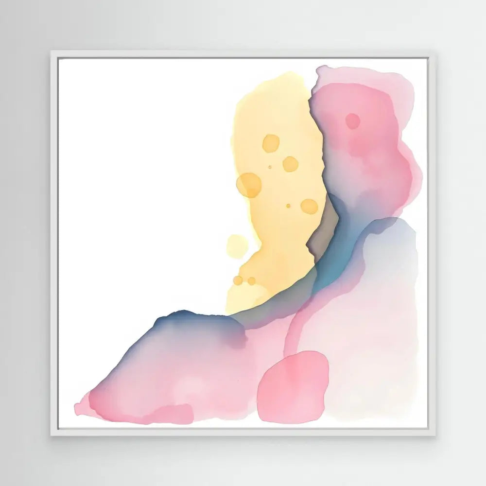 Abstract watercolor painting featuring soft yellow, pink and blue blended shapes.