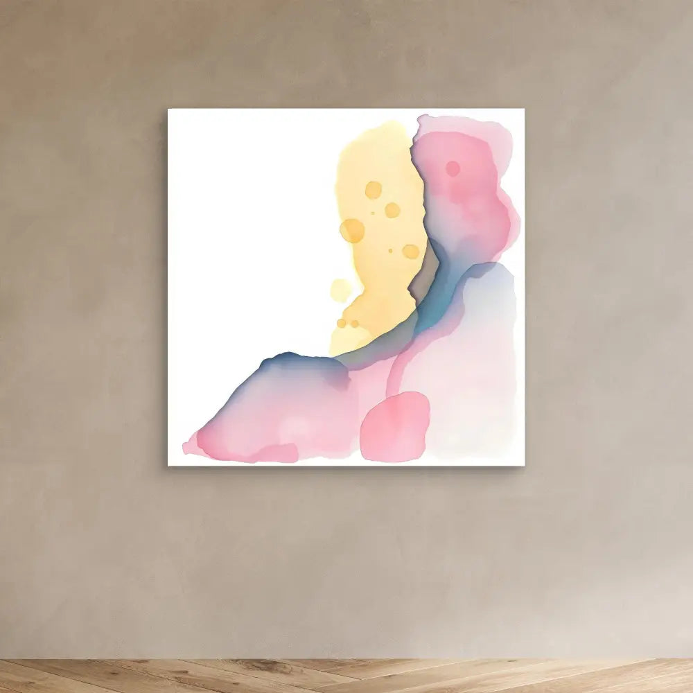 Abstract watercolor painting featuring soft yellow, pink and blue flowing shapes.