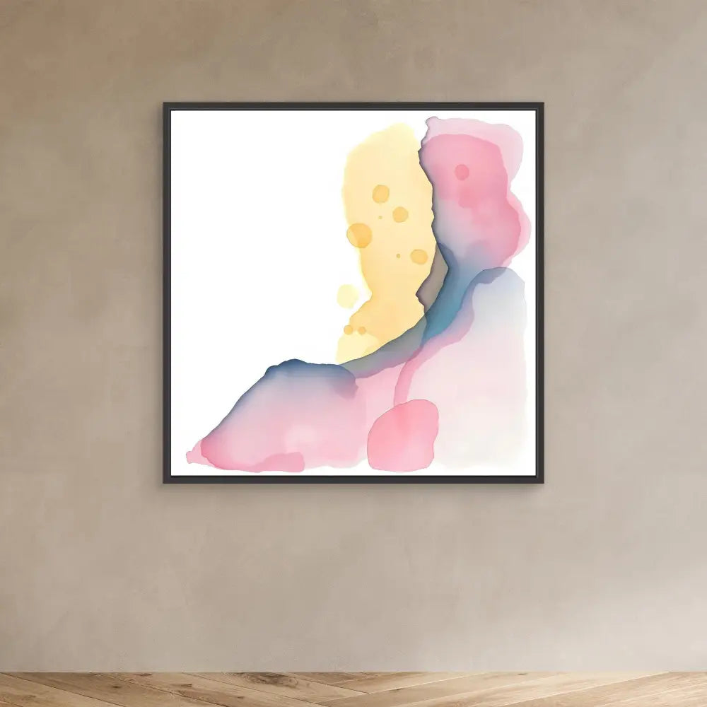 Abstract watercolor painting featuring soft yellow, pink and blue flowing shapes.