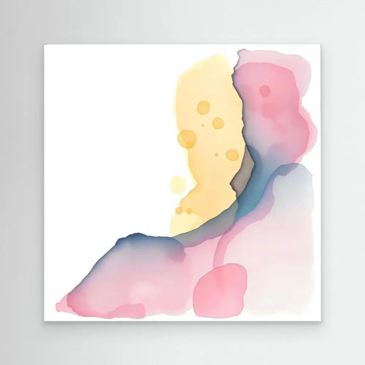 Abstract watercolor painting featuring soft yellow and pink flowing shapes with subtle blue-gray accents.