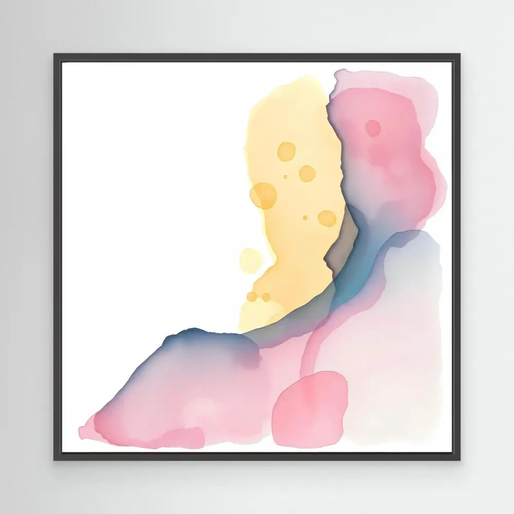 Abstract watercolor painting featuring soft yellow, pink and blue flowing shapes.