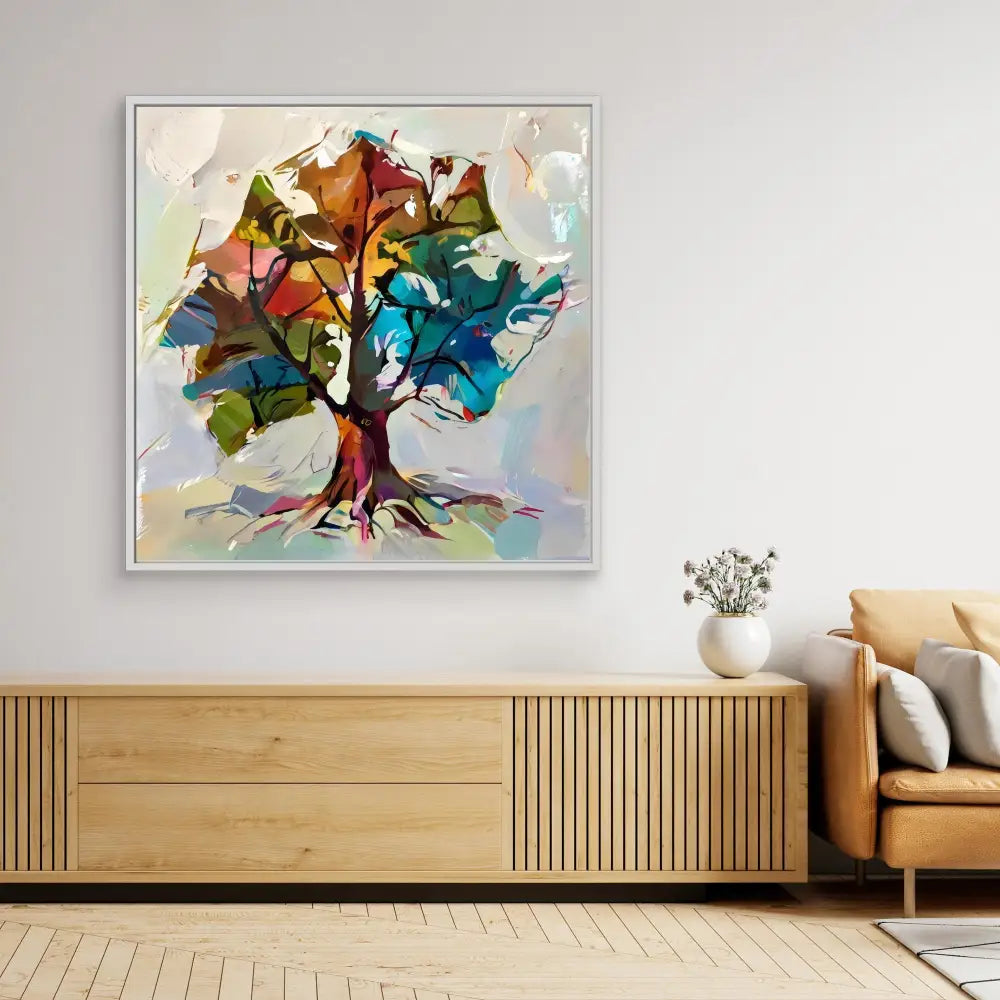 Abstract watercolor painting of a tree with vibrant multicolored foliage.