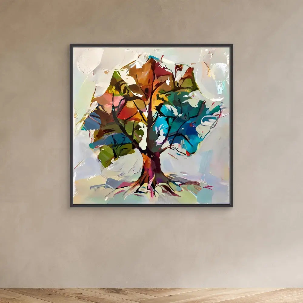 Abstract watercolor painting of a tree with vibrant multicolored foliage.