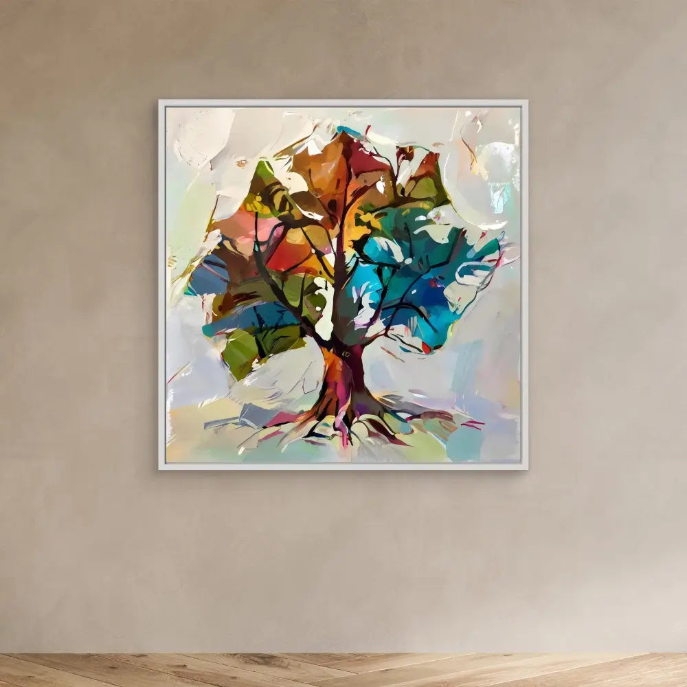 Abstract watercolor painting of a tree with vibrant multicolored foliage.