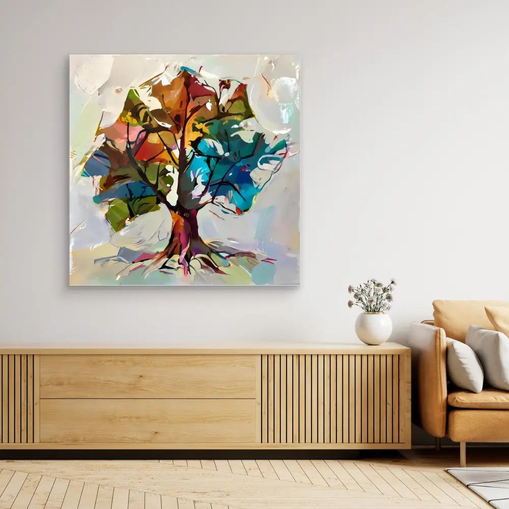 Abstract watercolor painting of a tree with vibrant multicolored foliage.