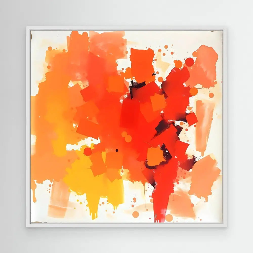 Abstract watercolor painting featuring vibrant orange and red splashes with black accents.