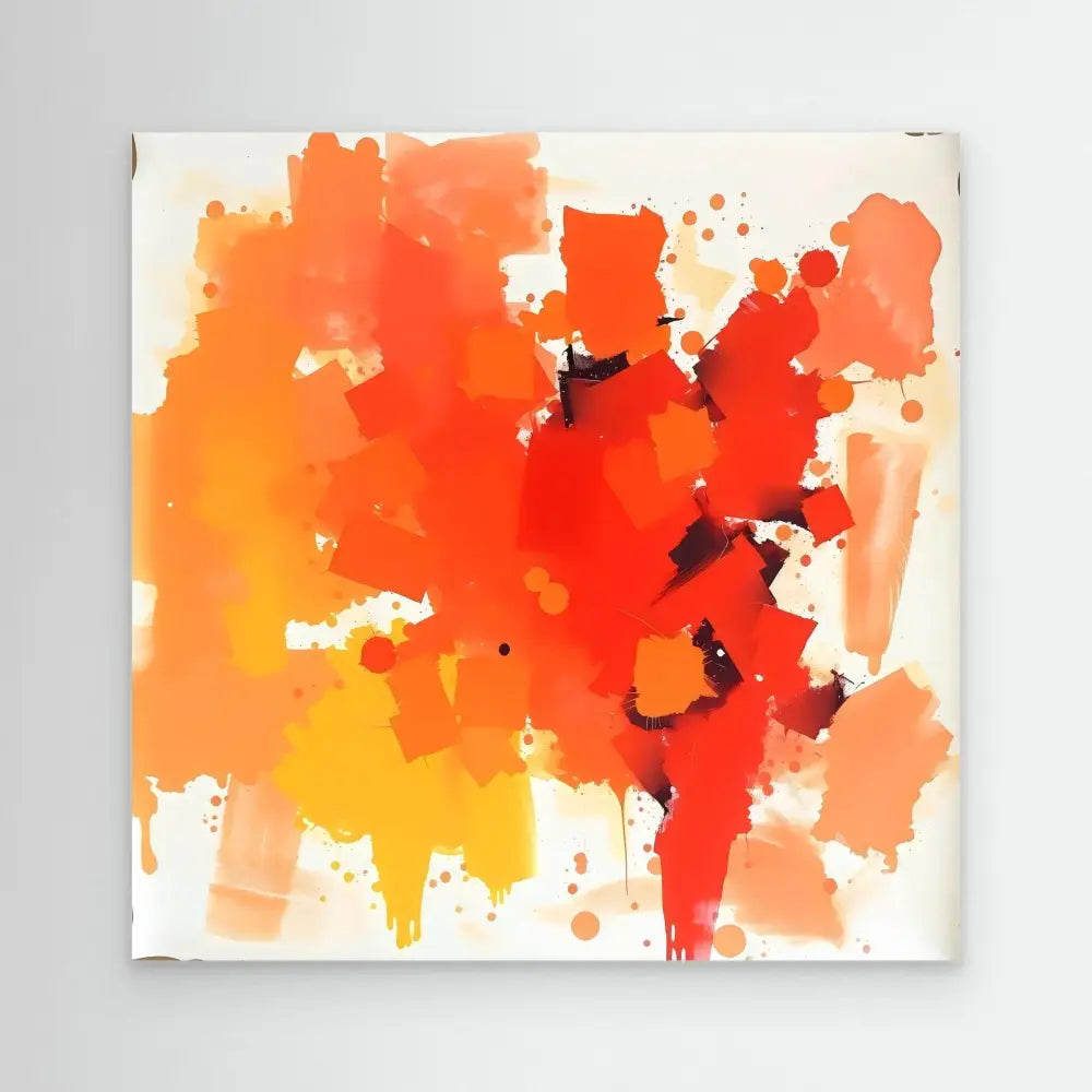 Abstract watercolor painting featuring vibrant orange and red splatters and blotches.