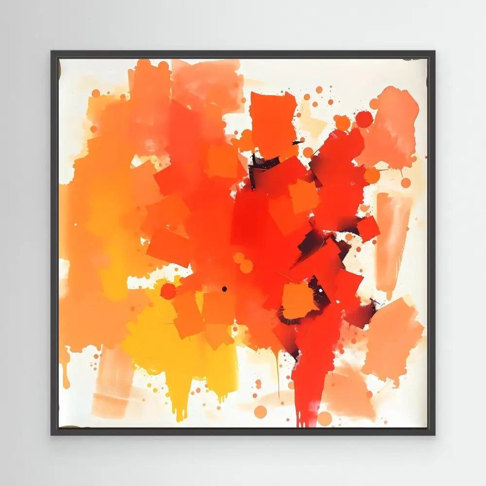 Abstract watercolor painting featuring vibrant orange and red splashes with black accents in a square frame.