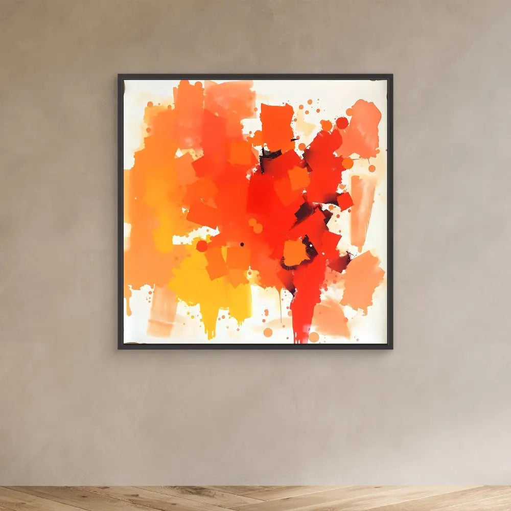 Abstract watercolor painting featuring vibrant orange and red splashes.