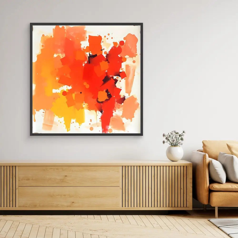 Abstract watercolor painting featuring vibrant orange and red splashes framed in black.