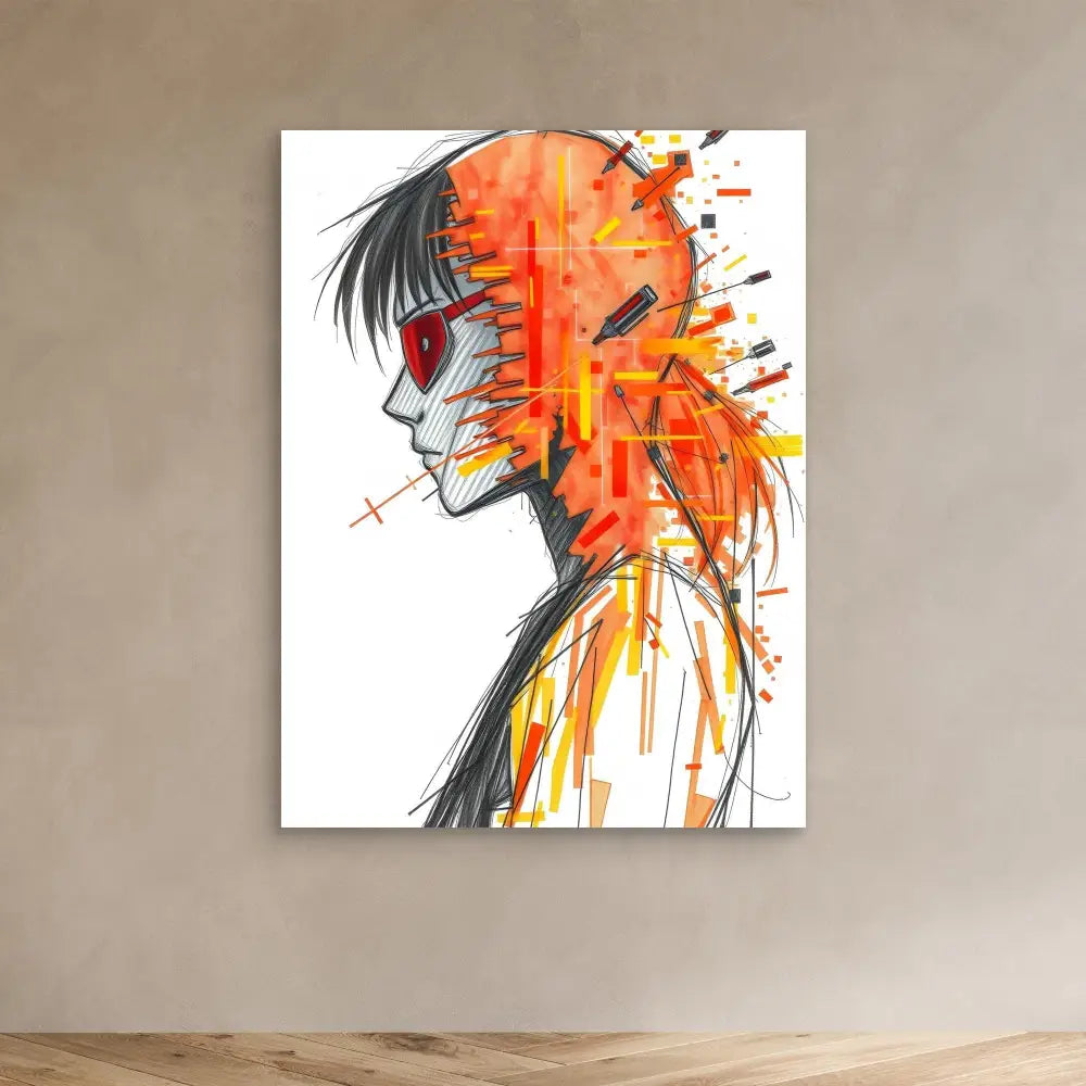 Abstract watercolor profile portrait featuring vibrant orange and red splashes flowing from the figure’s head and neck.