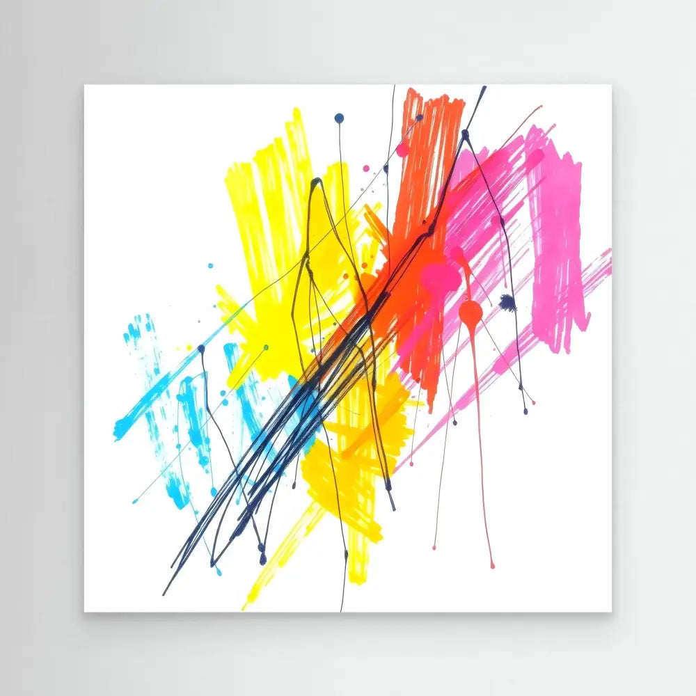 Abstract watercolor splash with black lines featuring bright yellow, orange, pink, and blue strokes.