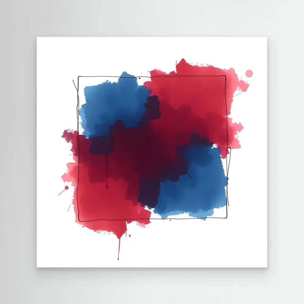 Abstract watercolor splashes in red and blue tones within a thin black square frame.