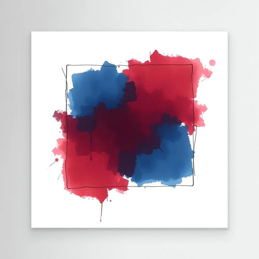 Abstract watercolor splashes in red and blue tones within a thin black square frame.