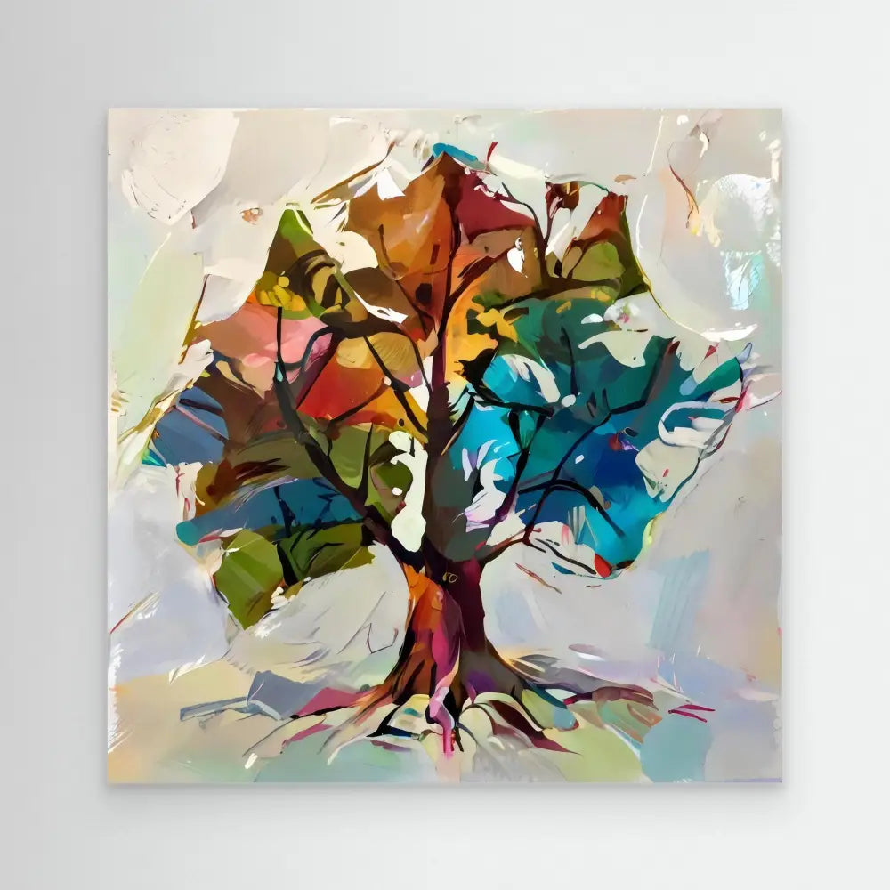 Abstract watercolor tree with vibrant multicolored foliage.