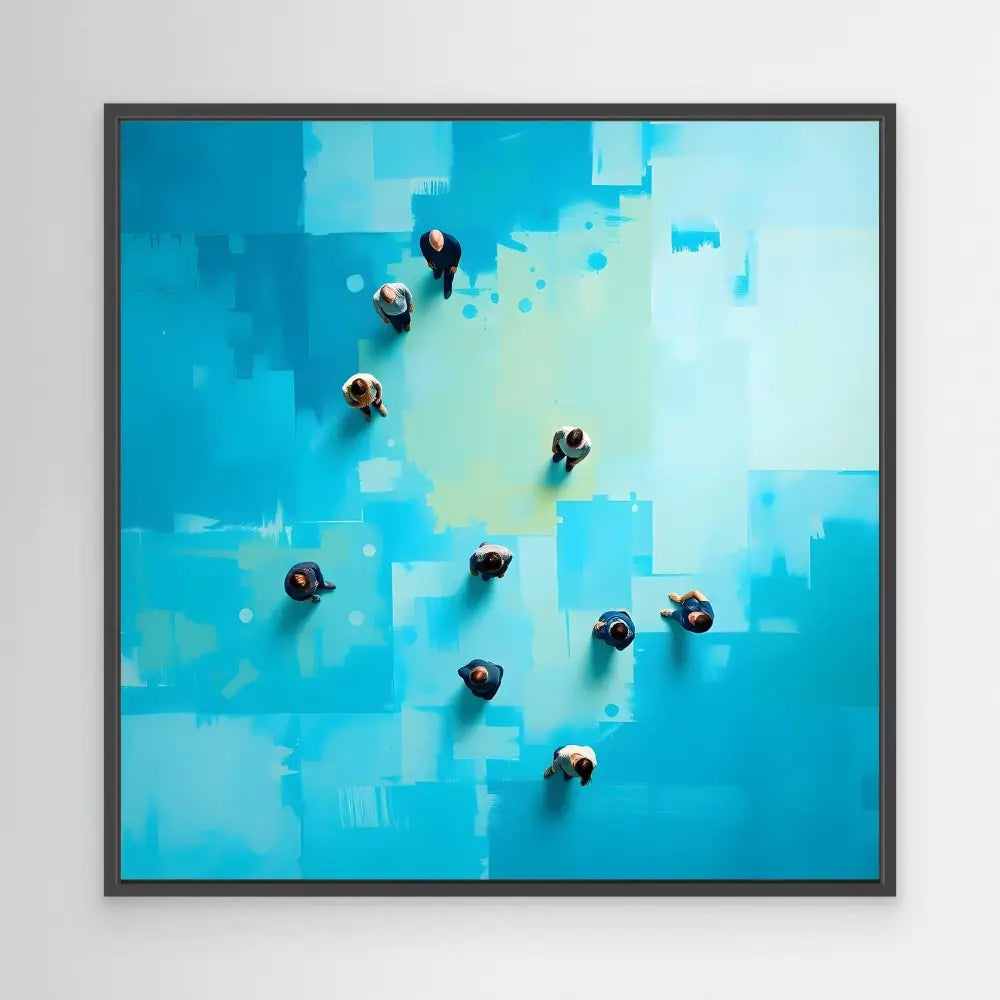 Aerial view of people walking across a turquoise abstract painted surface.