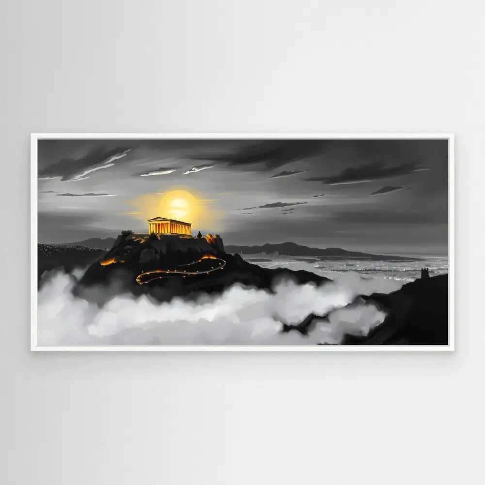 Ancient Greek temple illuminated by a glowing sun atop a misty mountain.