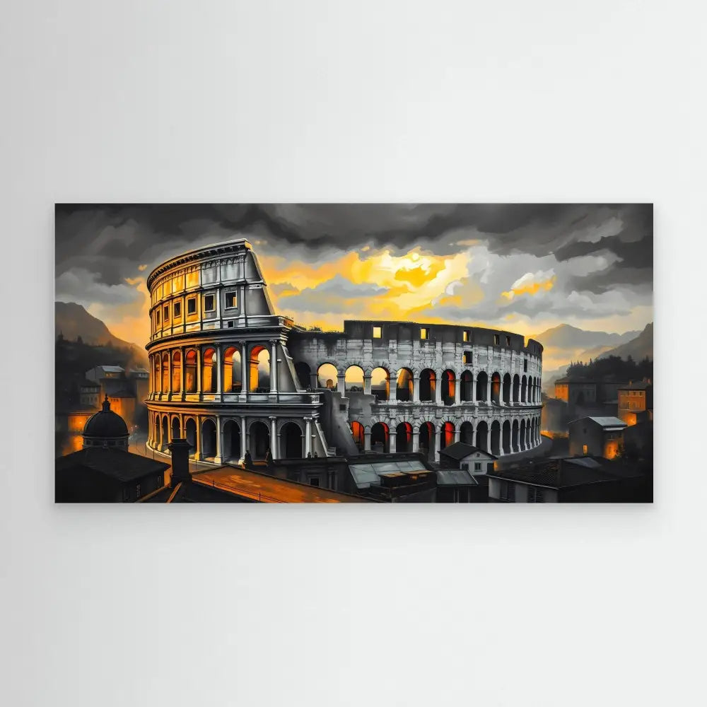 Ancient Roman Colosseum illuminated against a dramatic sunset sky.