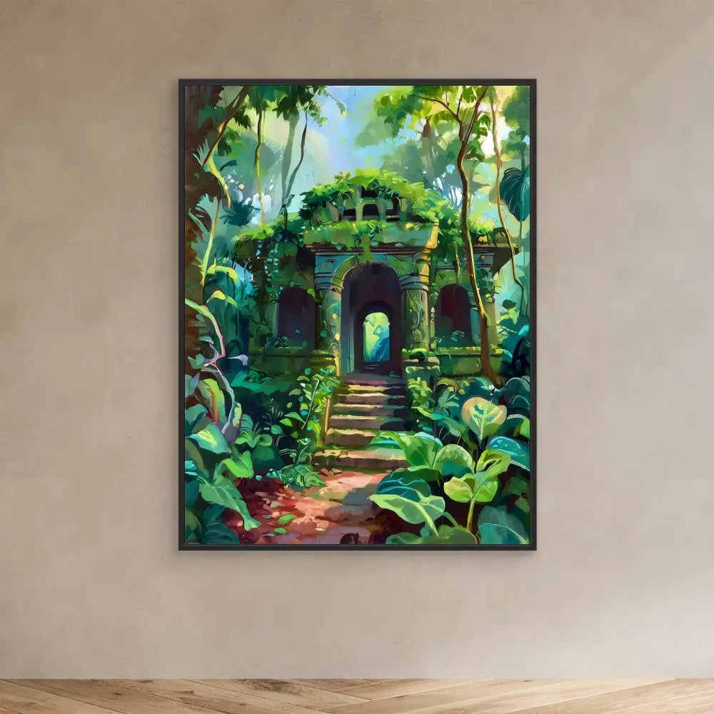 Ancient stone archway covered in lush green foliage and vines with steps leading up to it.