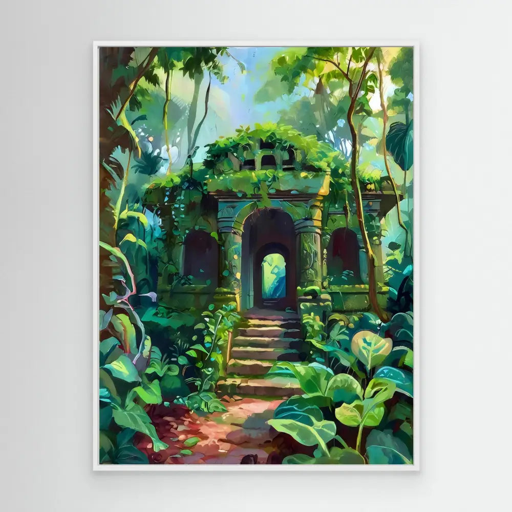 Ancient stone archway covered in lush tropical vegetation and vines.