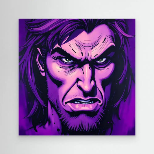 Angry purple-tinted comic book style portrait with intense eyes and facial hair.