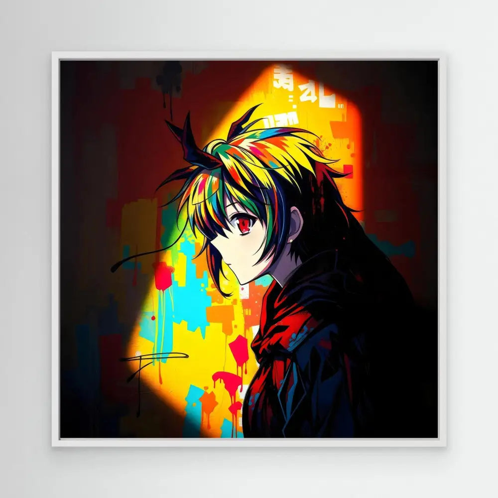 Anime-style character with spiky colorful hair against vibrant abstract colors.