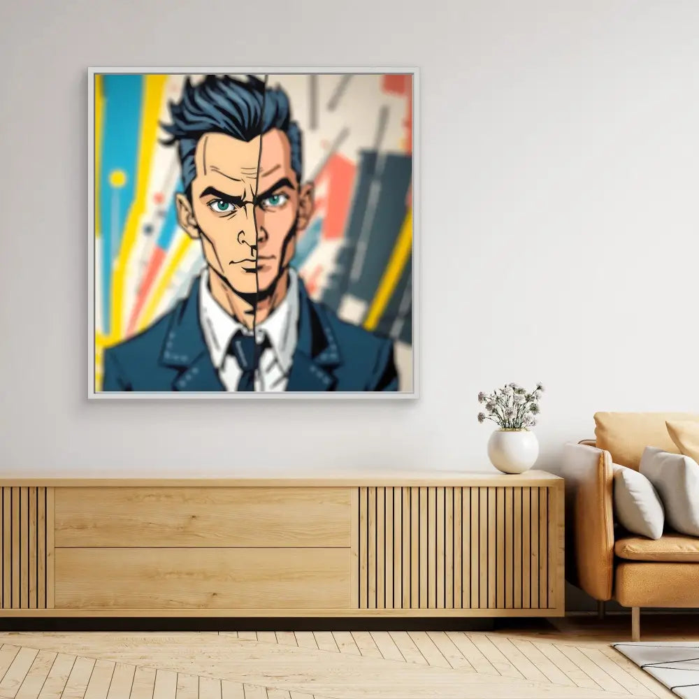 Anime-style portrait artwork of a stern businessman with dark spiked hair in a blue suit.