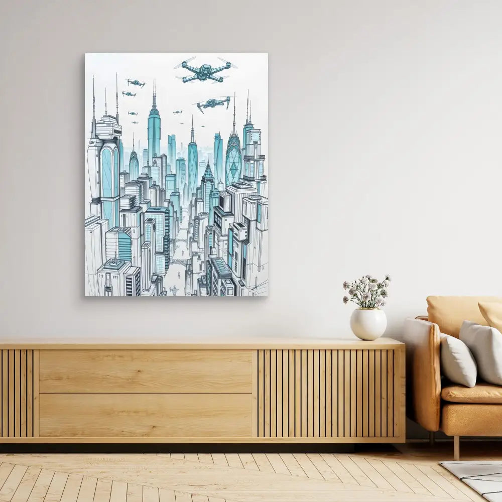 Artistic canvas print featuring a sketched cityscape with flying drones above skyscrapers.