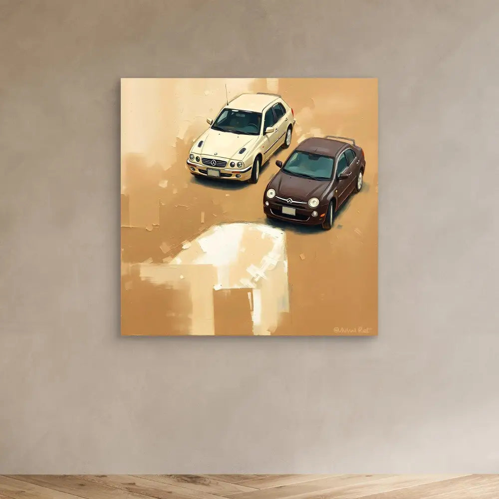 Artistic canvas print featuring two cars in contrasting colors.