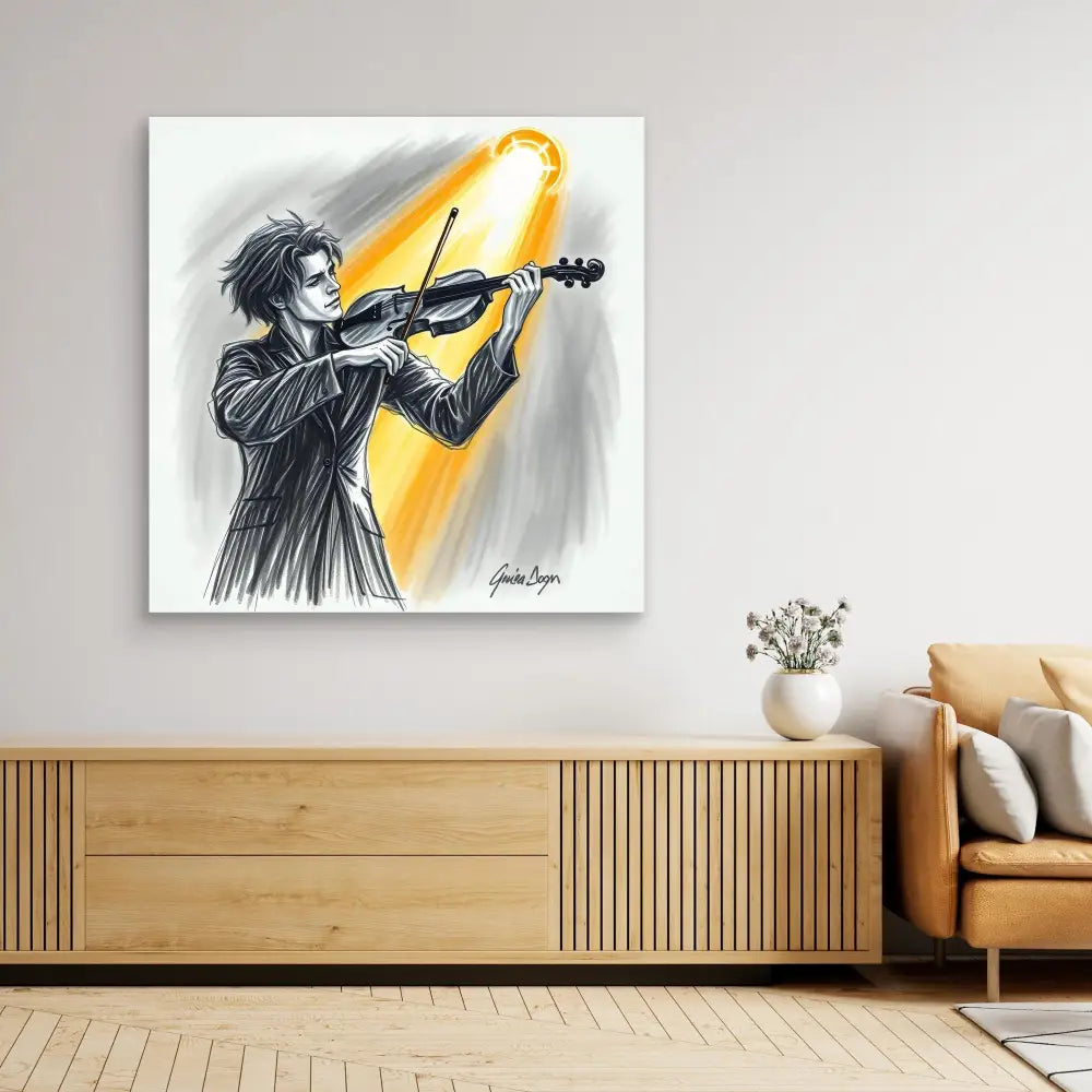 Artistic illustration of a violinist performing with dramatic lighting and expressive brushstrokes.