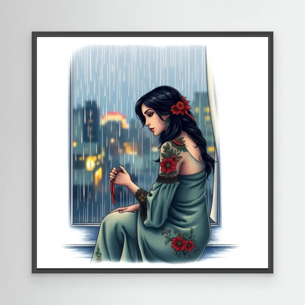 Artistic illustration of a woman in a green dress with red flowers sitting by a rainy window.