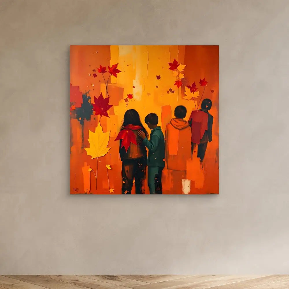 Artistic painting featuring silhouettes of people walking amid falling autumn maple leaves against an orange backdrop.