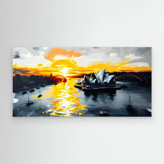 Artistic painting of the Sydney Opera House at sunset with vibrant orange sky reflections on the harbor.