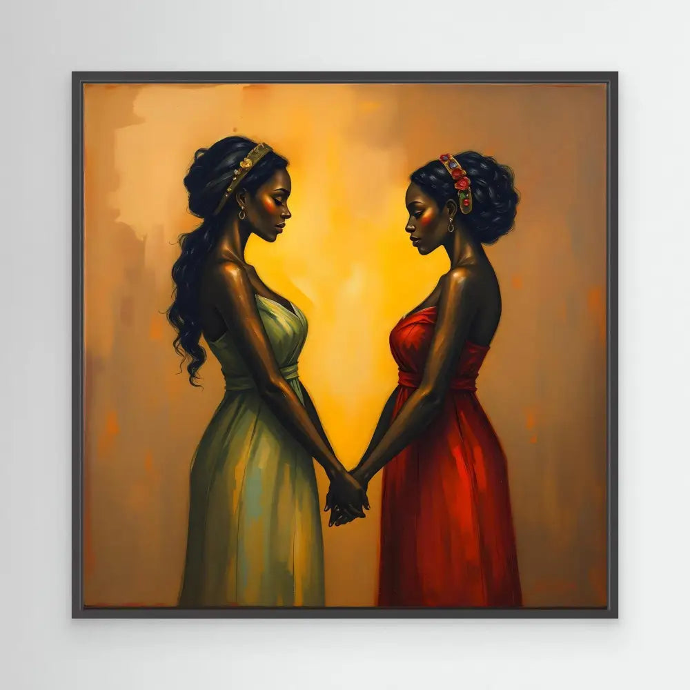 Artistic painting of two women in elegant dresses holding hands against a warm golden glow.