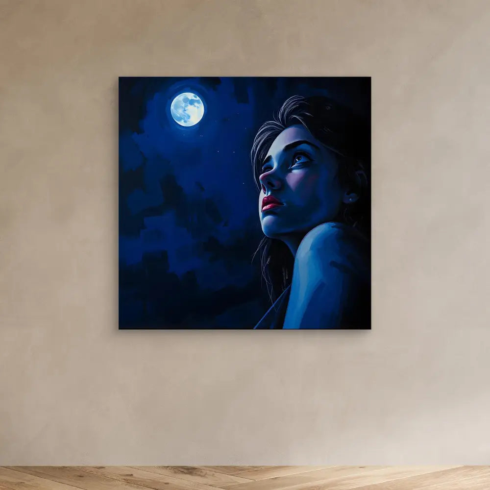 Artistic portrait bathed in blue moonlight showing an upward gaze.