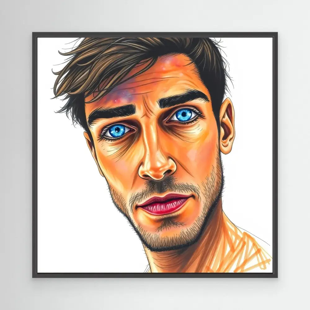 Artistic portrait drawing featuring striking blue eyes and warm-toned skin rendered in vibrant colors.